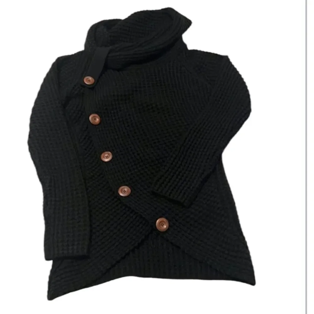 Black size S pullover button accent cowl neck sweater no fading or pilling EUC